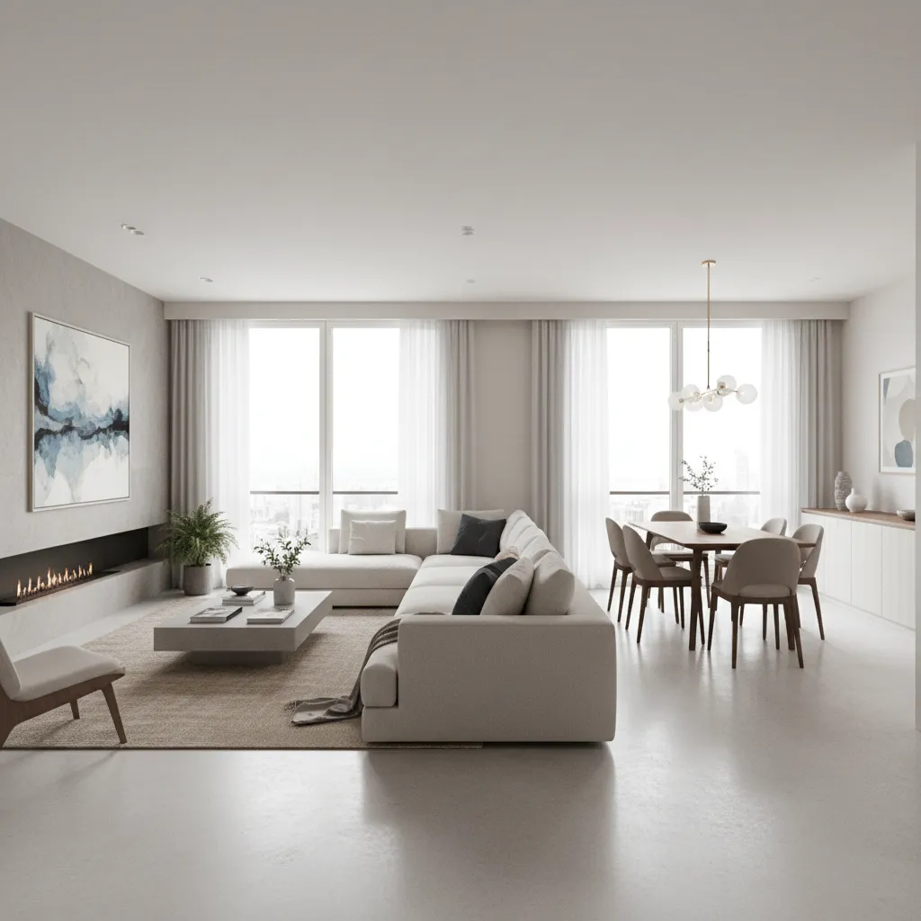 Example of an L shaped living room layout with sofa and dining zones