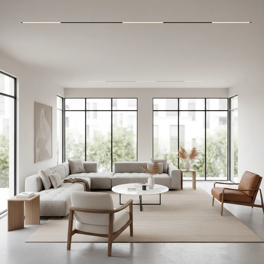 Bright L-shaped living room showing two zones connected by a main seating area