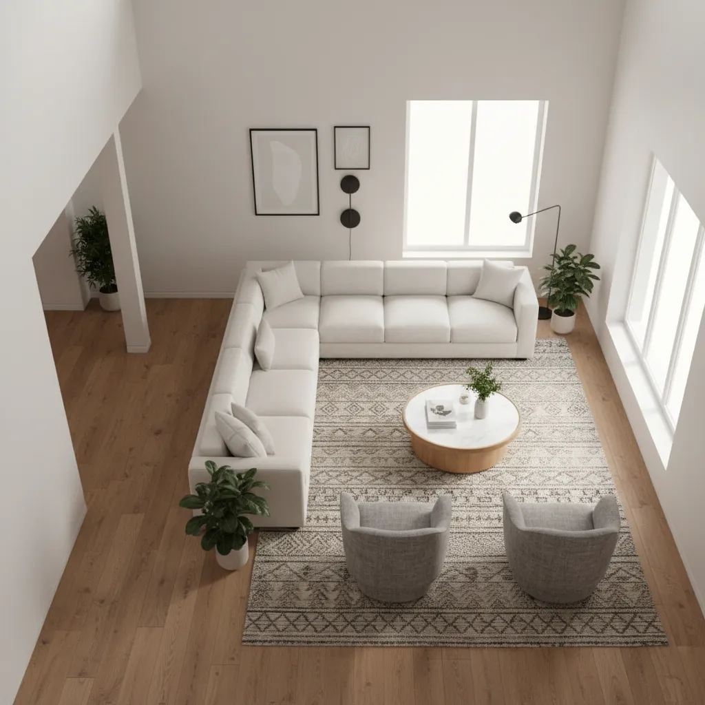Furniture layout showing clear traffic flow in an L shaped living room