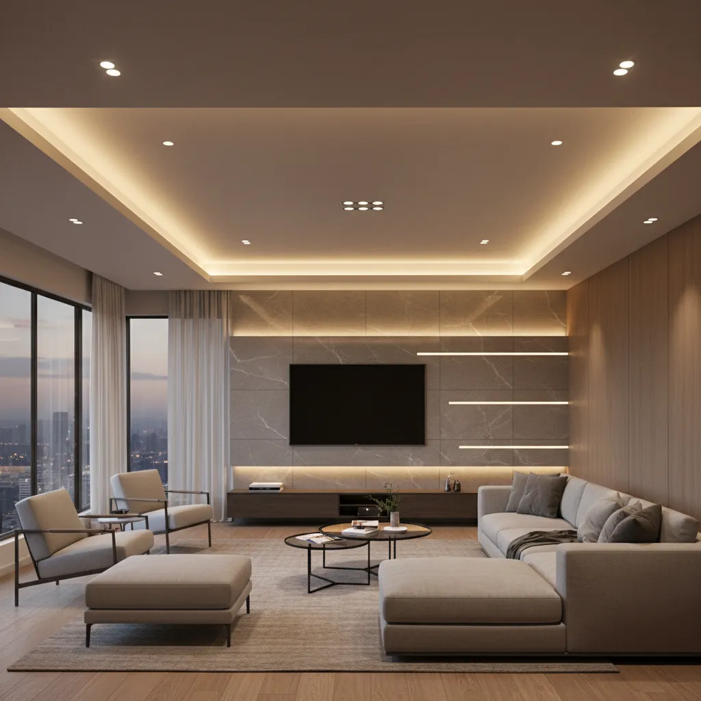 recessed lighting and cove lighting in L shaped living room ceiling