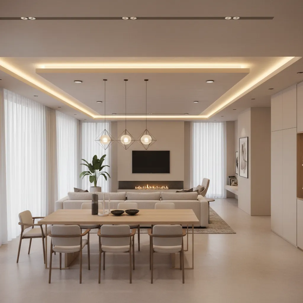 Lighting layout showing recessed lights and pendant zones in L shaped living room