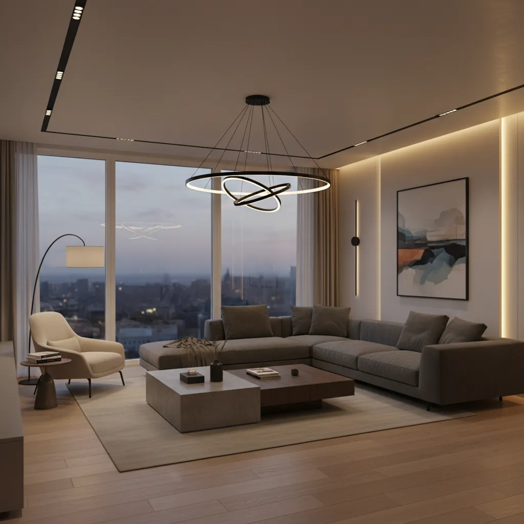 Lighting zones in an L shaped living room with pendant and floor lamp