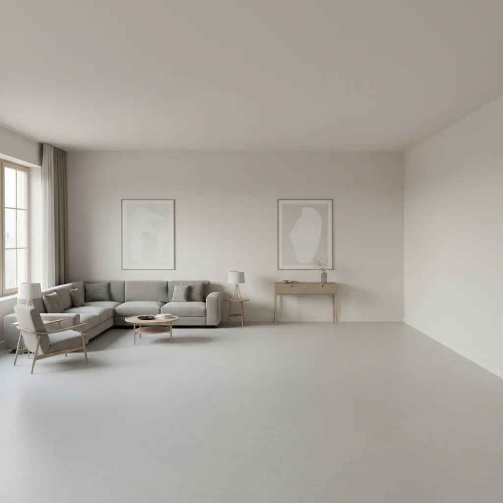 Sparse living room with grey corner sofa coffee table and a large empty floor area