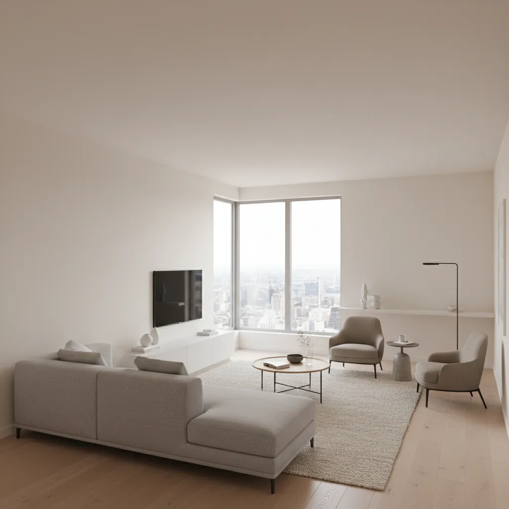 Modern L shaped living room layout showing sofa area and secondary zone