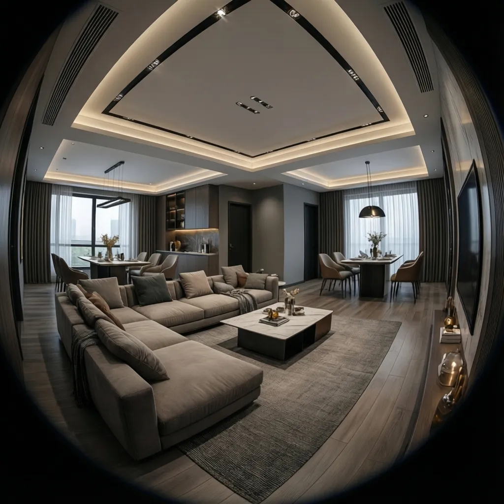 L shaped living room with POP ceiling design defining seating and dining zones