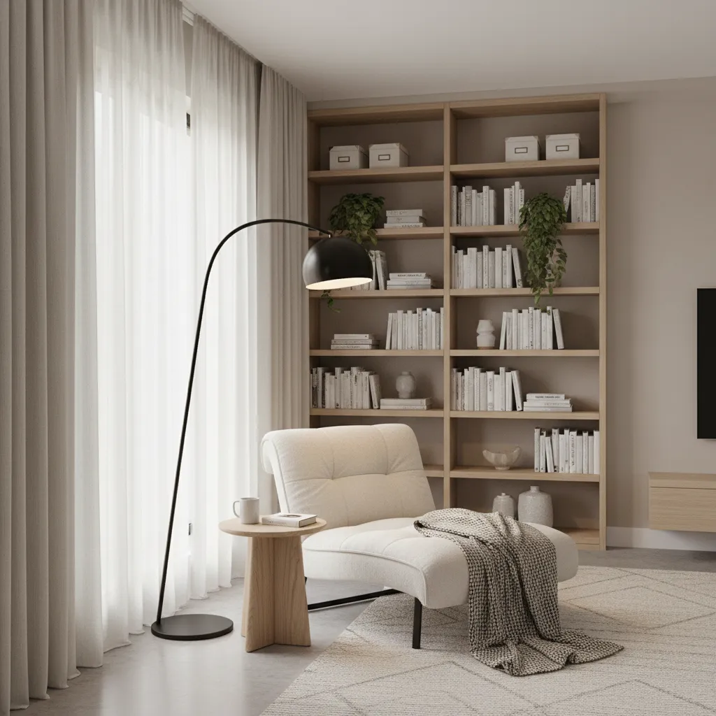 Small reading nook created in the corner of an L-shaped living room