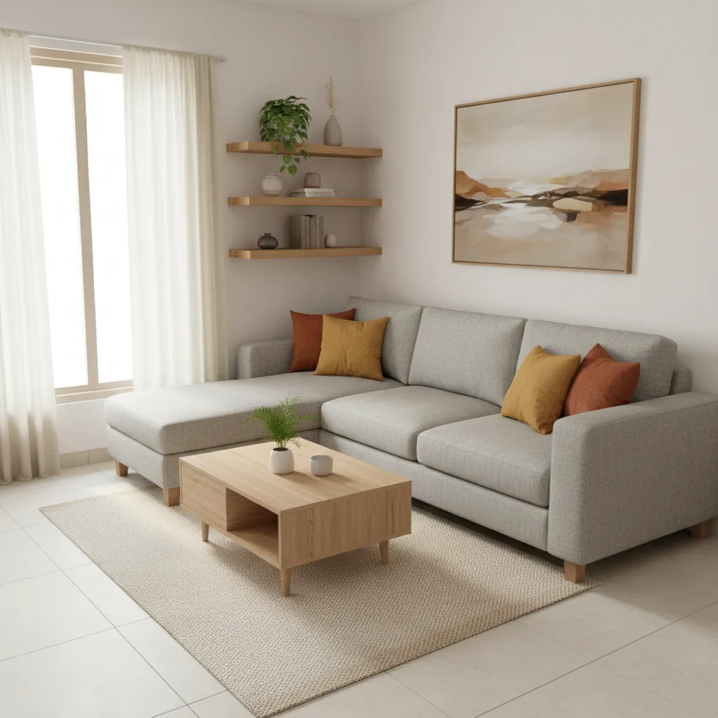 Small L shaped living room interior with compact furniture