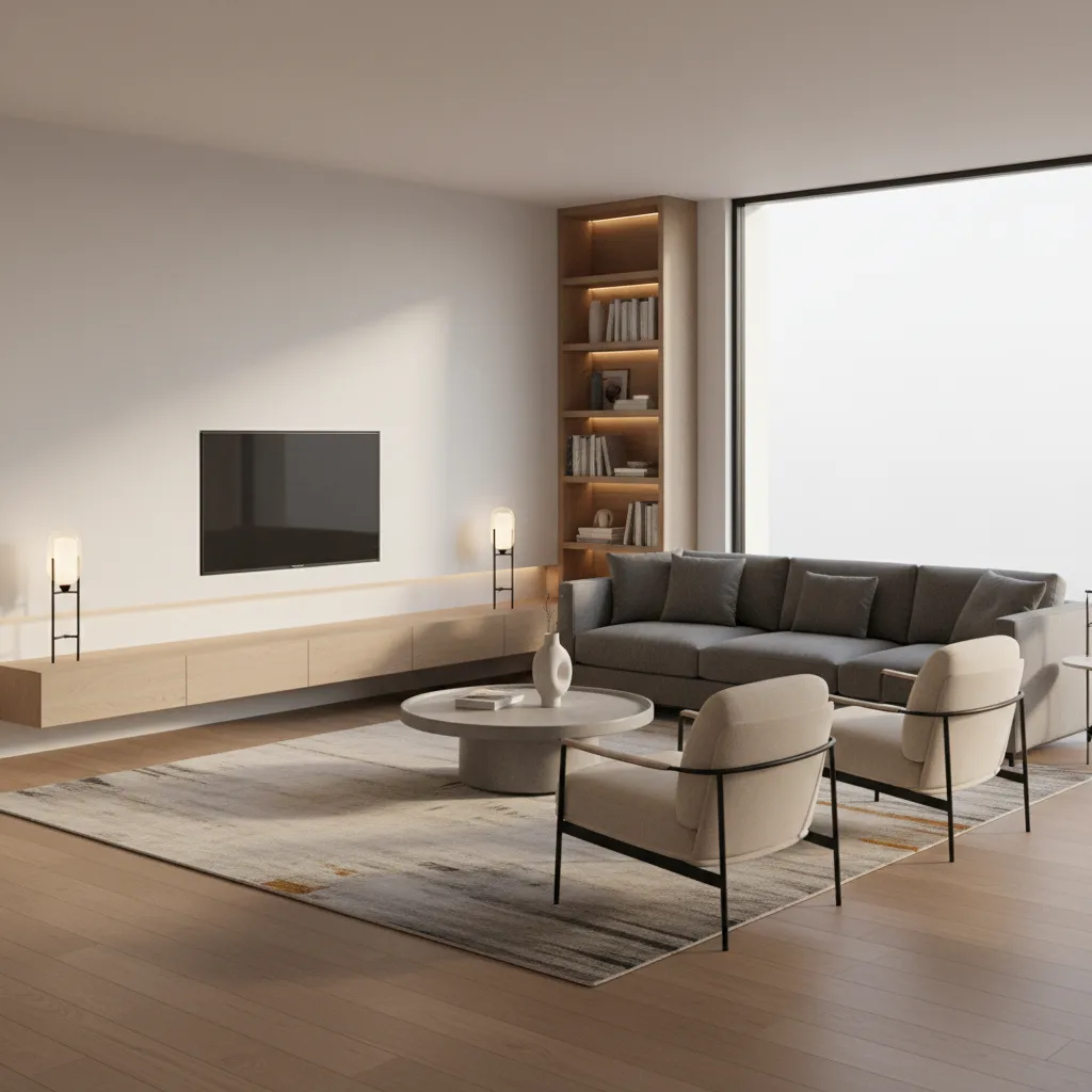 L-shaped living room layout with seating oriented toward a TV focal wall