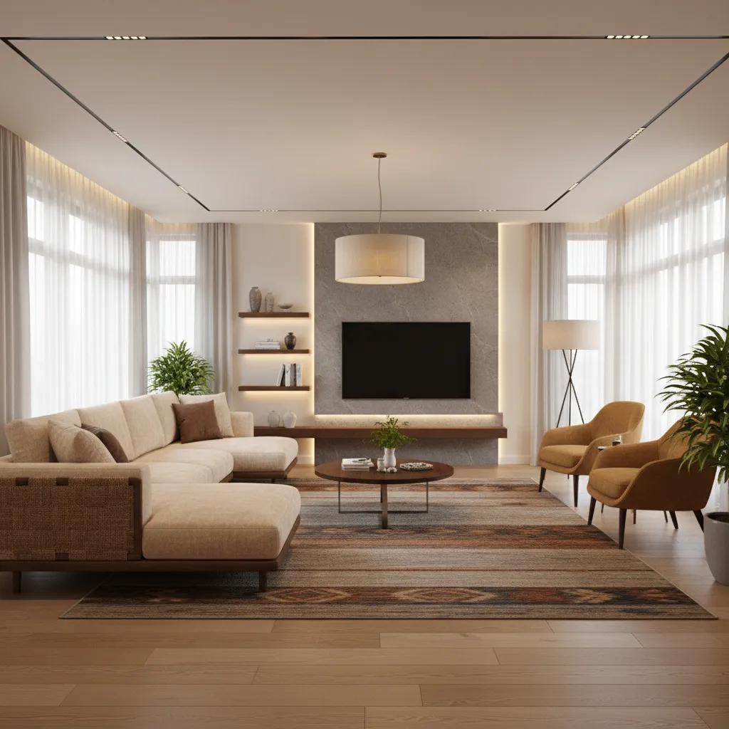 L shaped living room with TV positioned in main seating zone