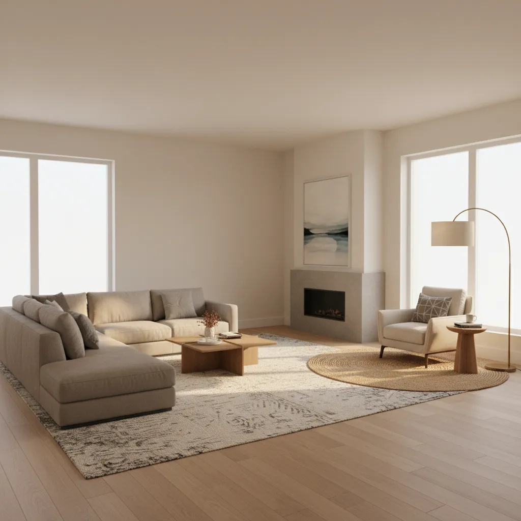 Spacious living room with beige sofa wooden coffee table fireplace armchair floor lamp and windows