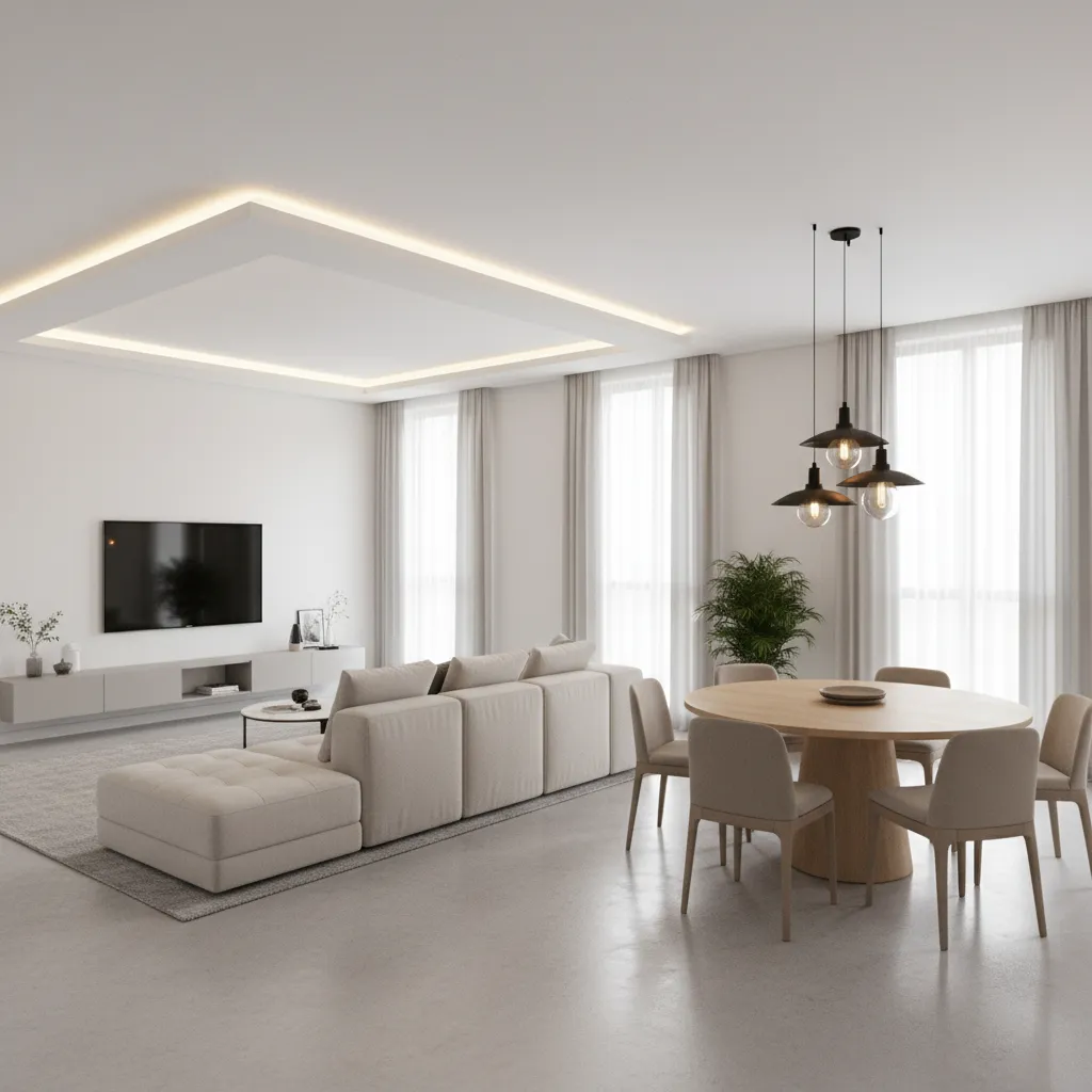L-shaped living room divided into seating and dining zones with ceiling design
