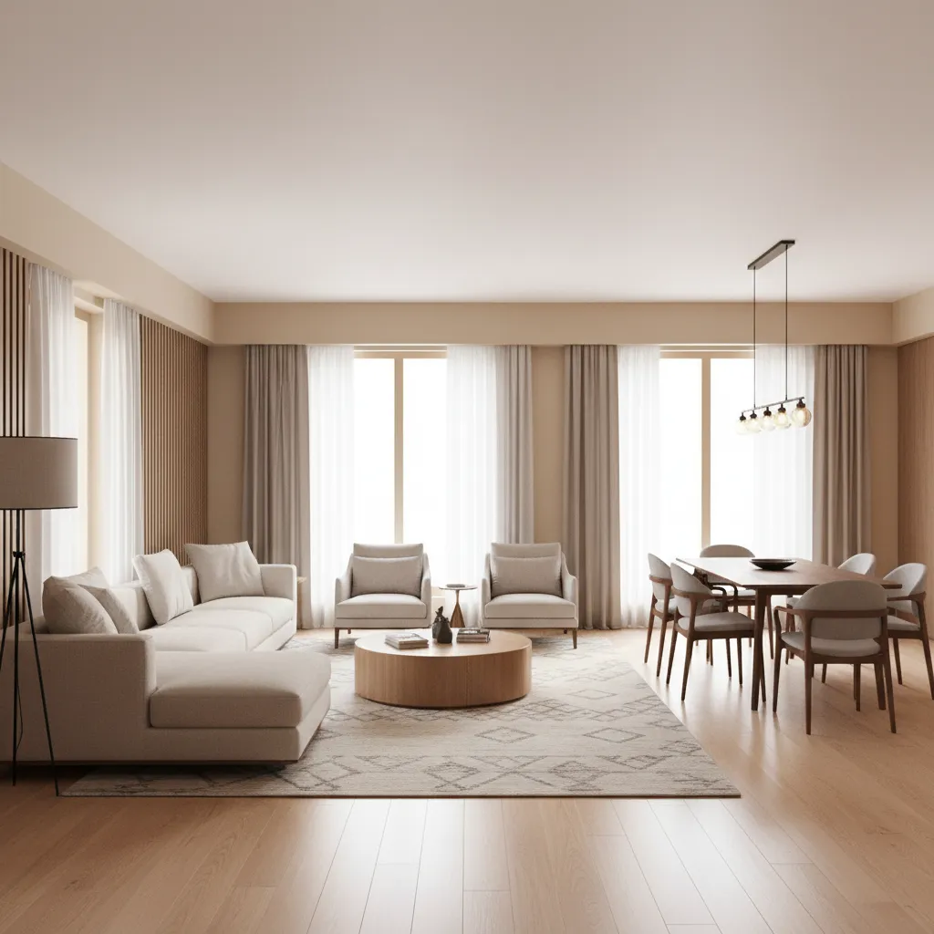 Example of zoning in an L shaped living room with sofa and dining space