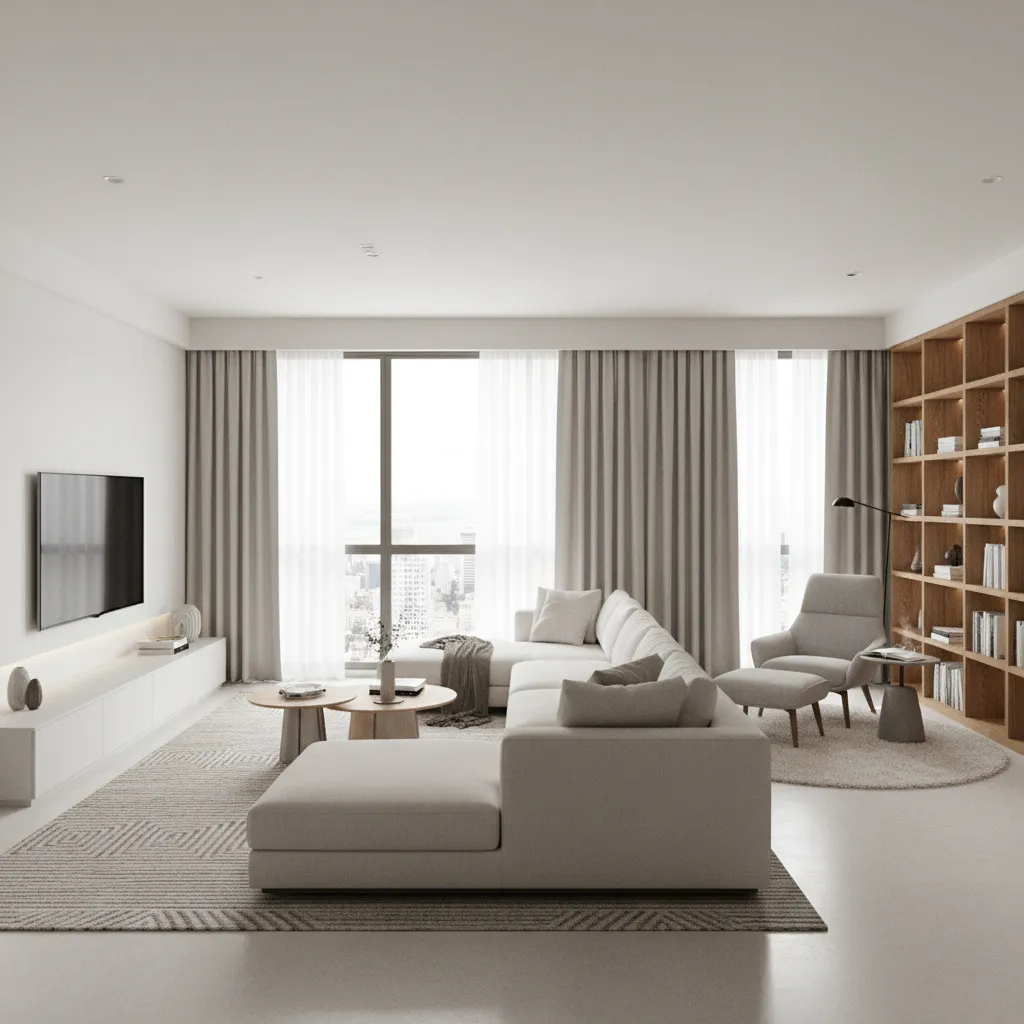 Example of zoning in an L shaped living room with two distinct seating areas