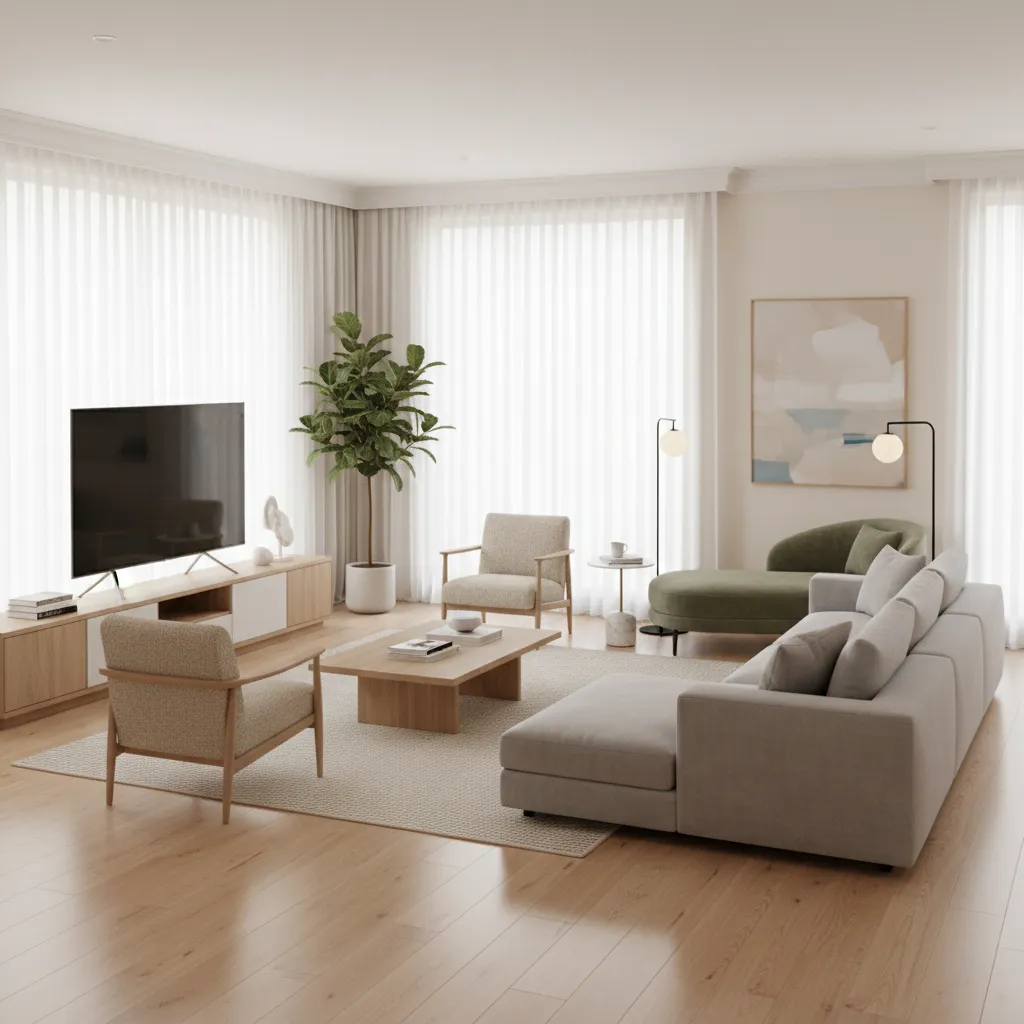 L-shaped living room divided into seating and reading zones