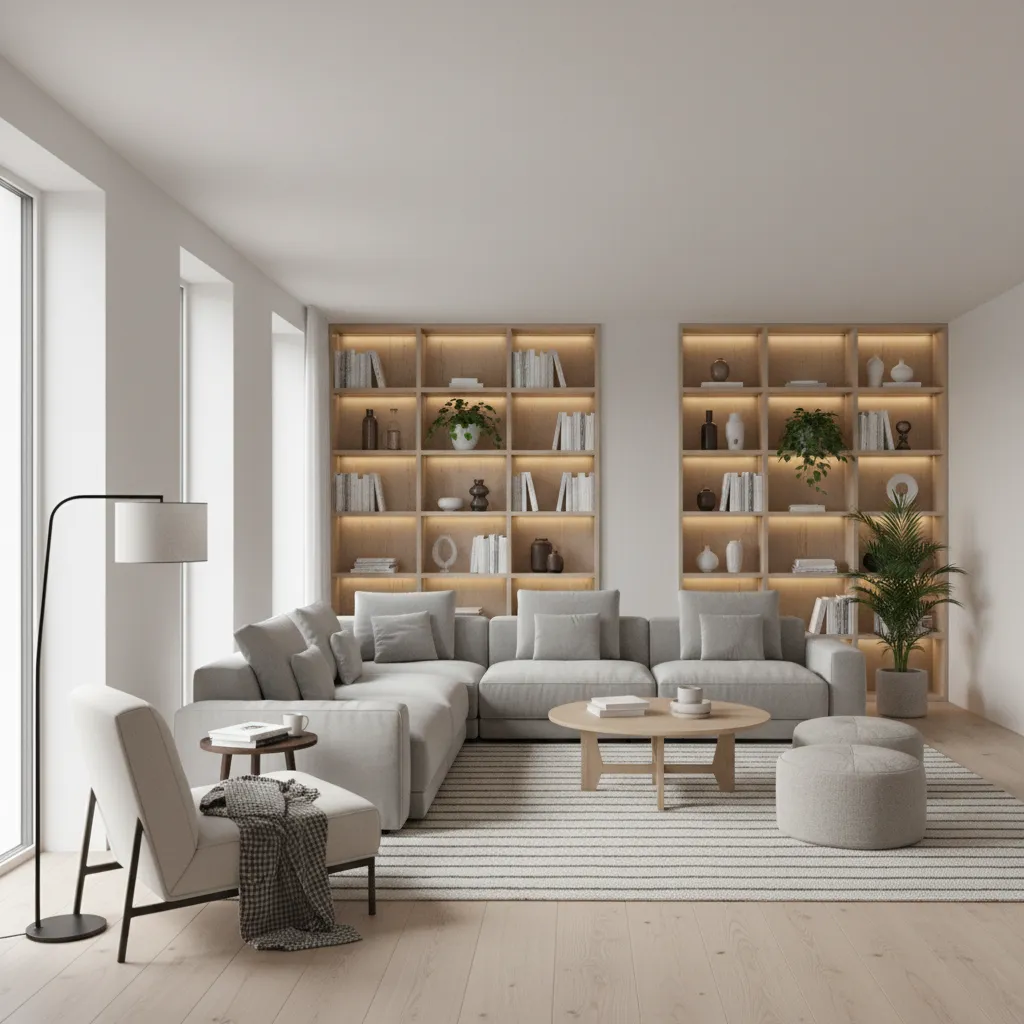 L-shaped living room divided into seating and reading zones