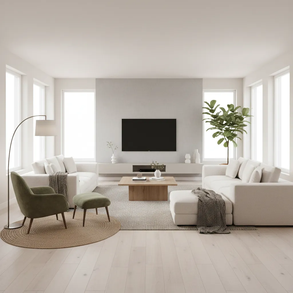 L shaped living room divided into two functional zones with sofa area and reading corner