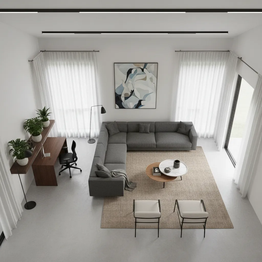 L-shaped living room zoning layout with two functional areas