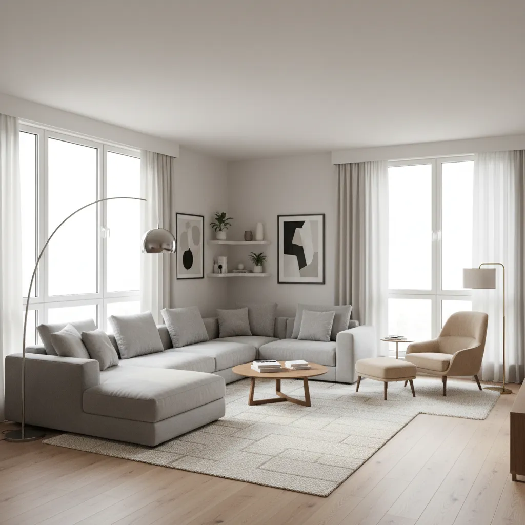 bright L shaped living room divided into seating area and reading nook