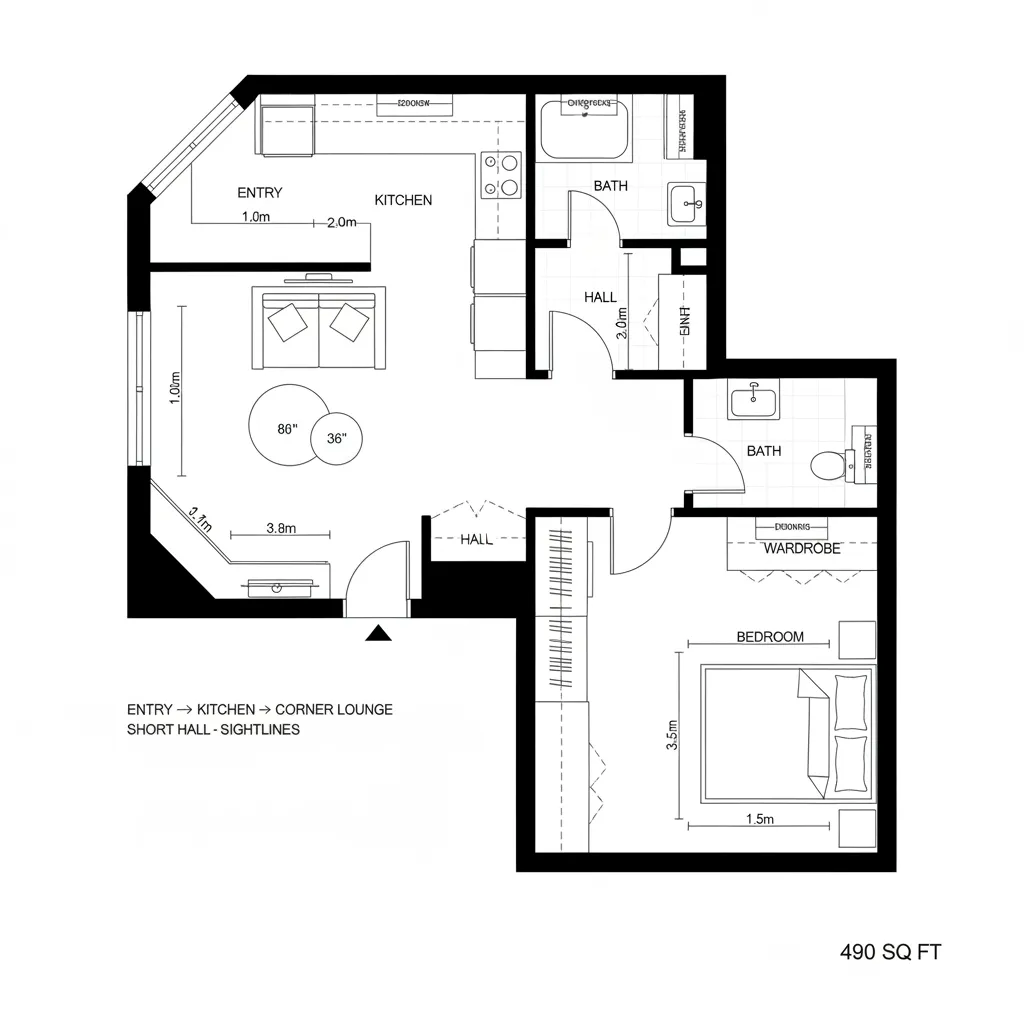 Top-down CAD floor plan of an L-shaped micro one-bedroom with clear public-private zoning