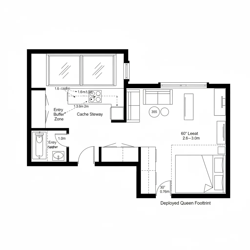 Top-down CAD plan of an L-shaped studio with corner glazing and clustered micro zones