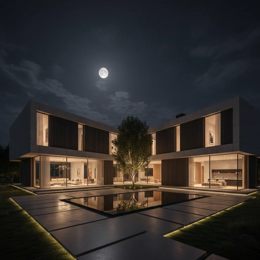 Render nocturno de casa moderna en forma de L con iluminación cálida