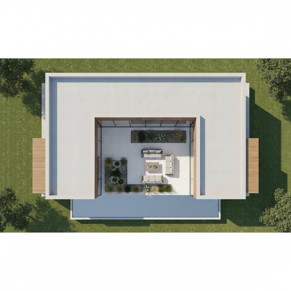Casa moderna de una planta en forma de L con patio privado