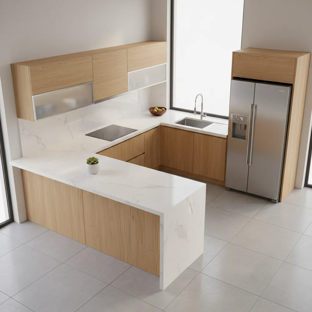 L shaped modular kitchen layout with cabinets appliances and work triangle