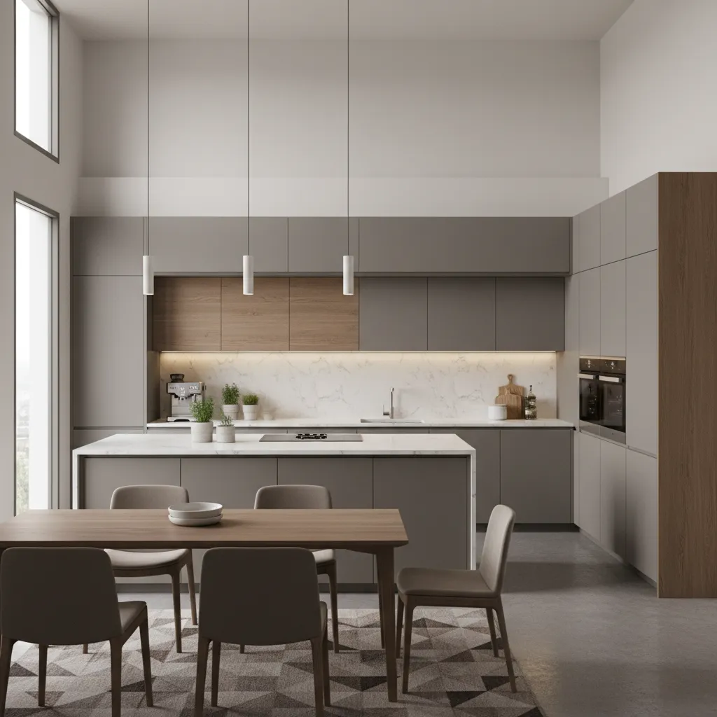 modern L shaped modular kitchen layout with realistic cabinets and countertop space