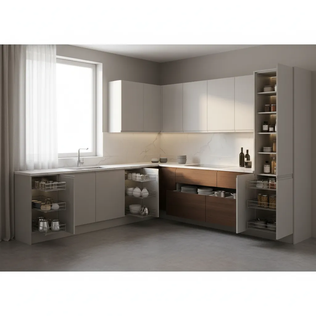 Modern L shaped kitchen showing open drawers and pull out wire baskets for organized storage