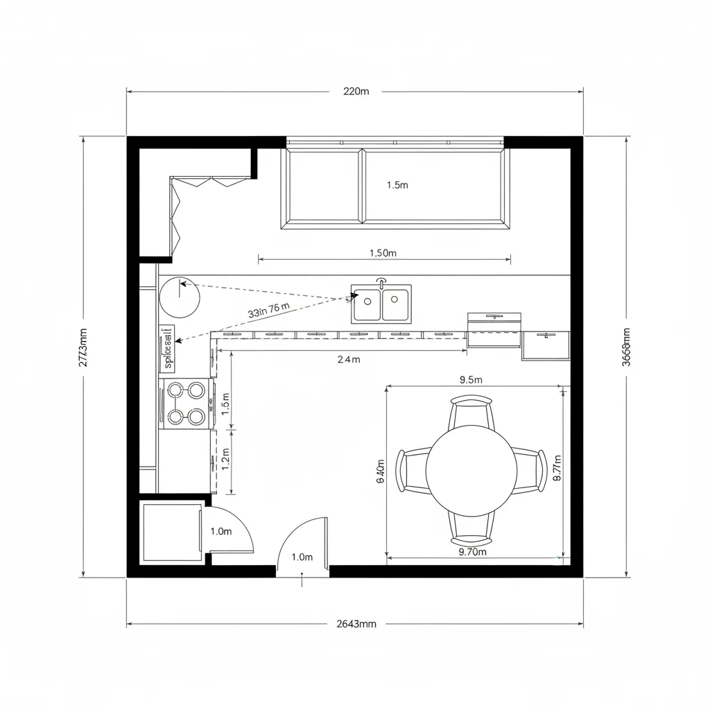 Top-down 2D CAD plan of a 9x12 L-shaped kitchen with round dining table