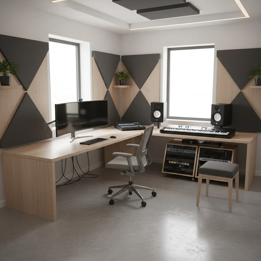 L-shaped desk layout separating office work area and music production station