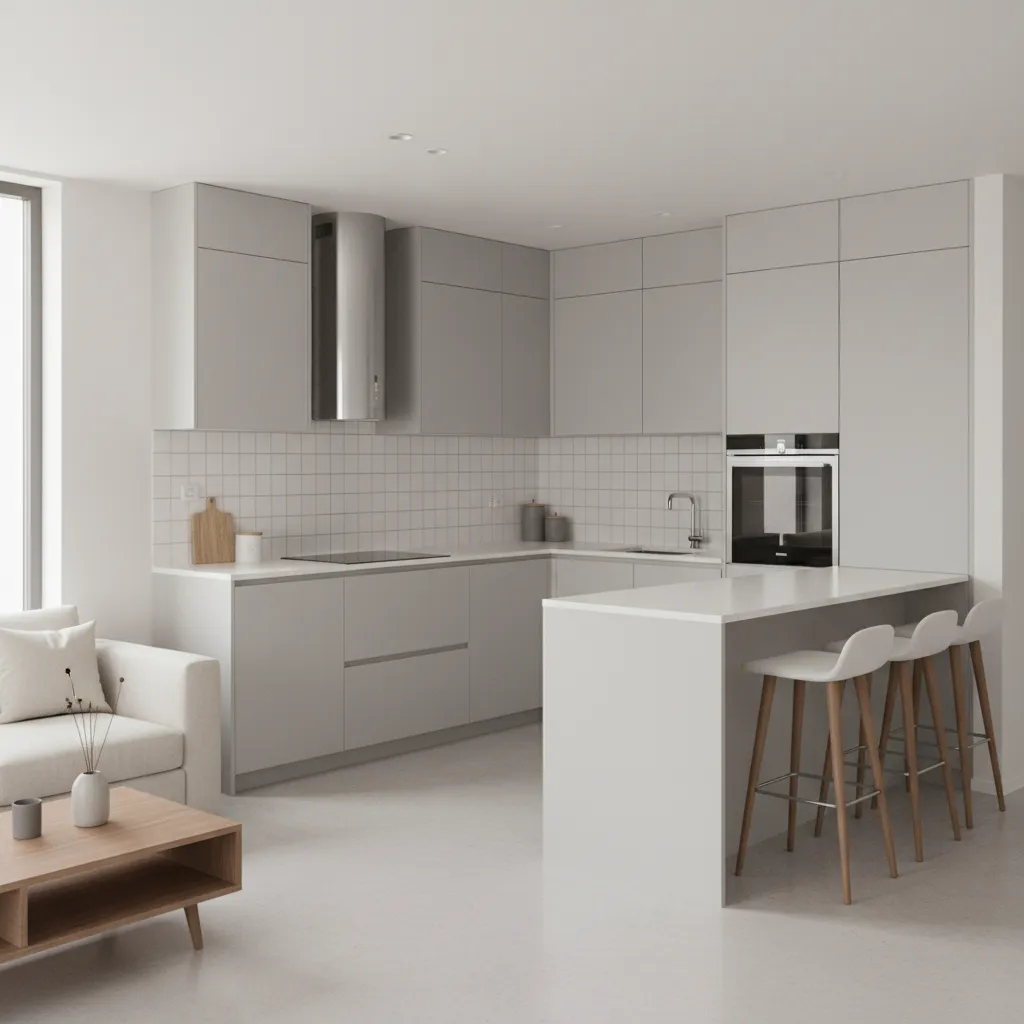 L shaped open kitchen layout in a small apartment