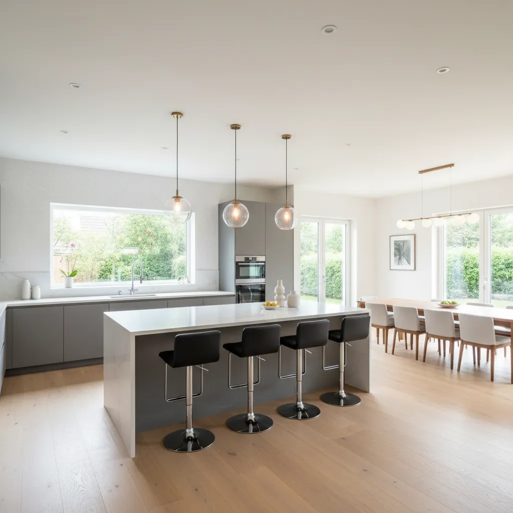 L shaped open kitchen floor plan with island and bar seating