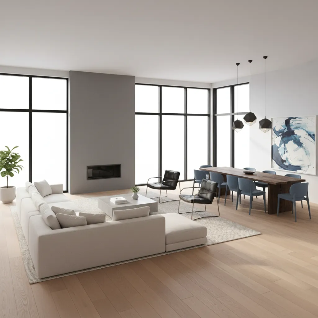 Overview of an L shaped open plan living and dining room layout