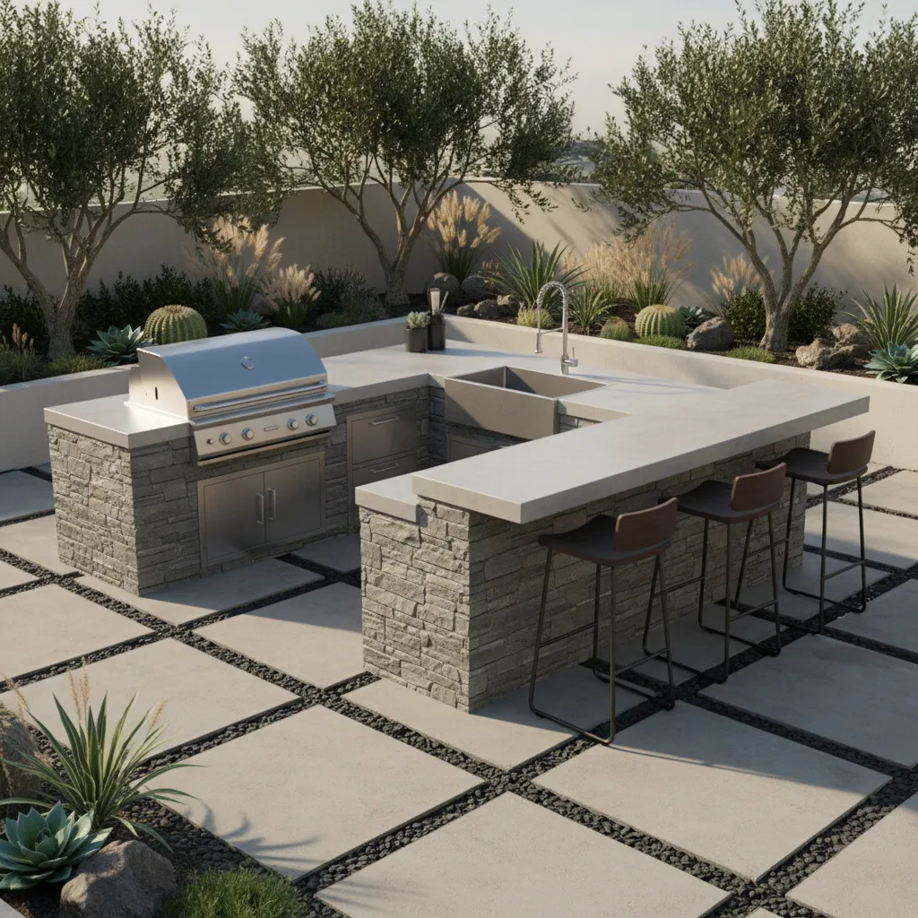 L-shaped outdoor kitchen layout with grill and prep counter forming a corner