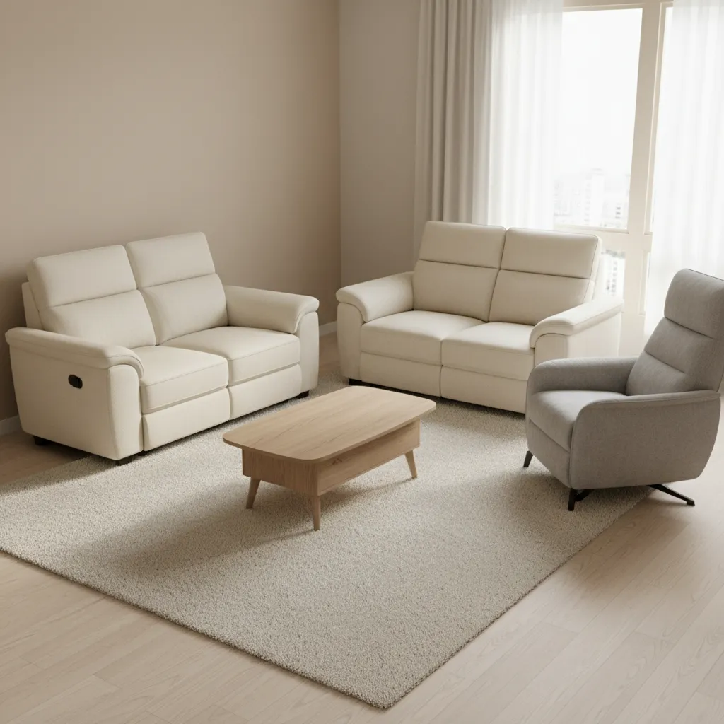 L shaped arrangement of reclining sofa loveseat and chair