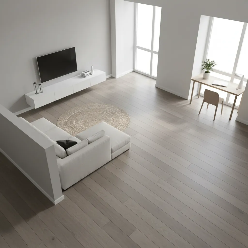Top perspective of laminate flooring layout in L shaped room