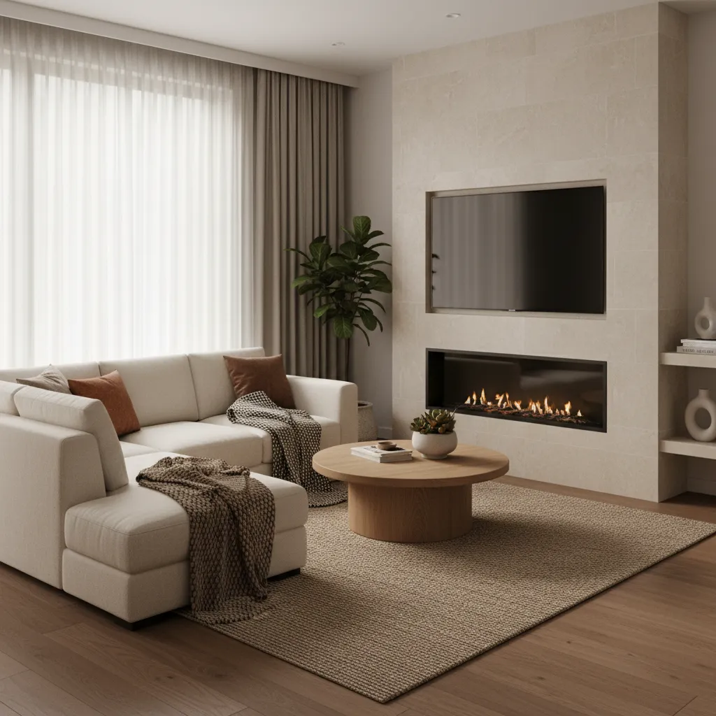 L shaped sectional arranged around a fireplace in a small living room