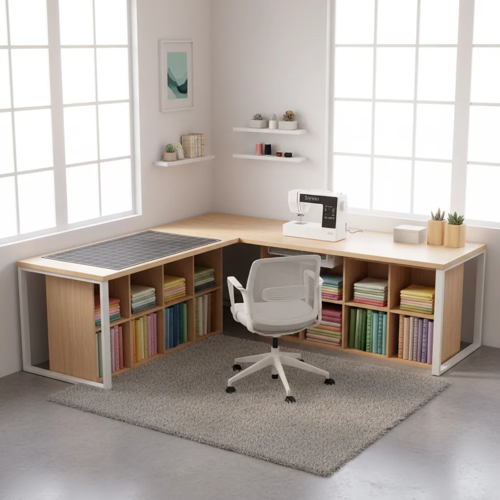 L shaped sewing room desk layout with sewing machine and cutting surface