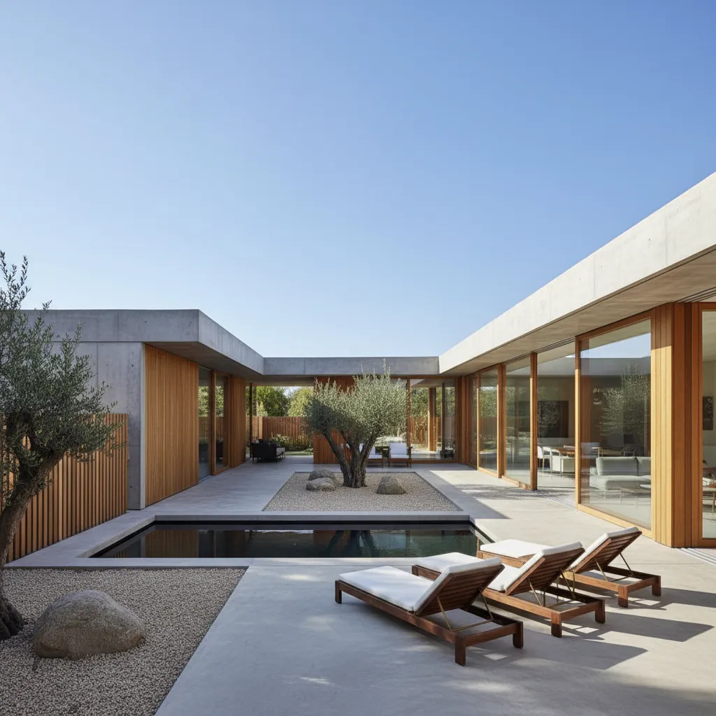 casa moderna de un nivel en forma de L con patio y terraza