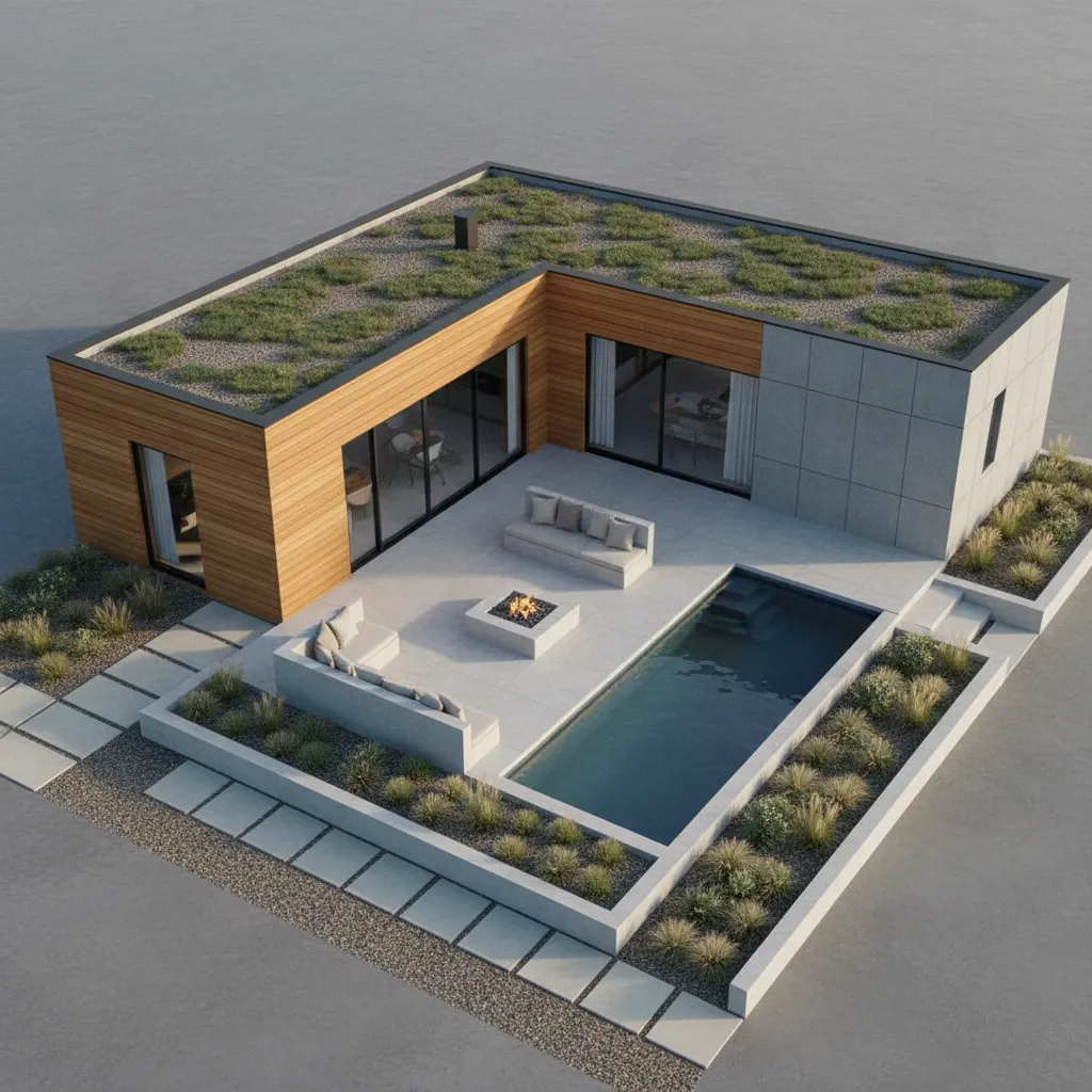 L-shaped modern house design with green grass roof swimming pool patio sofas and fire pit