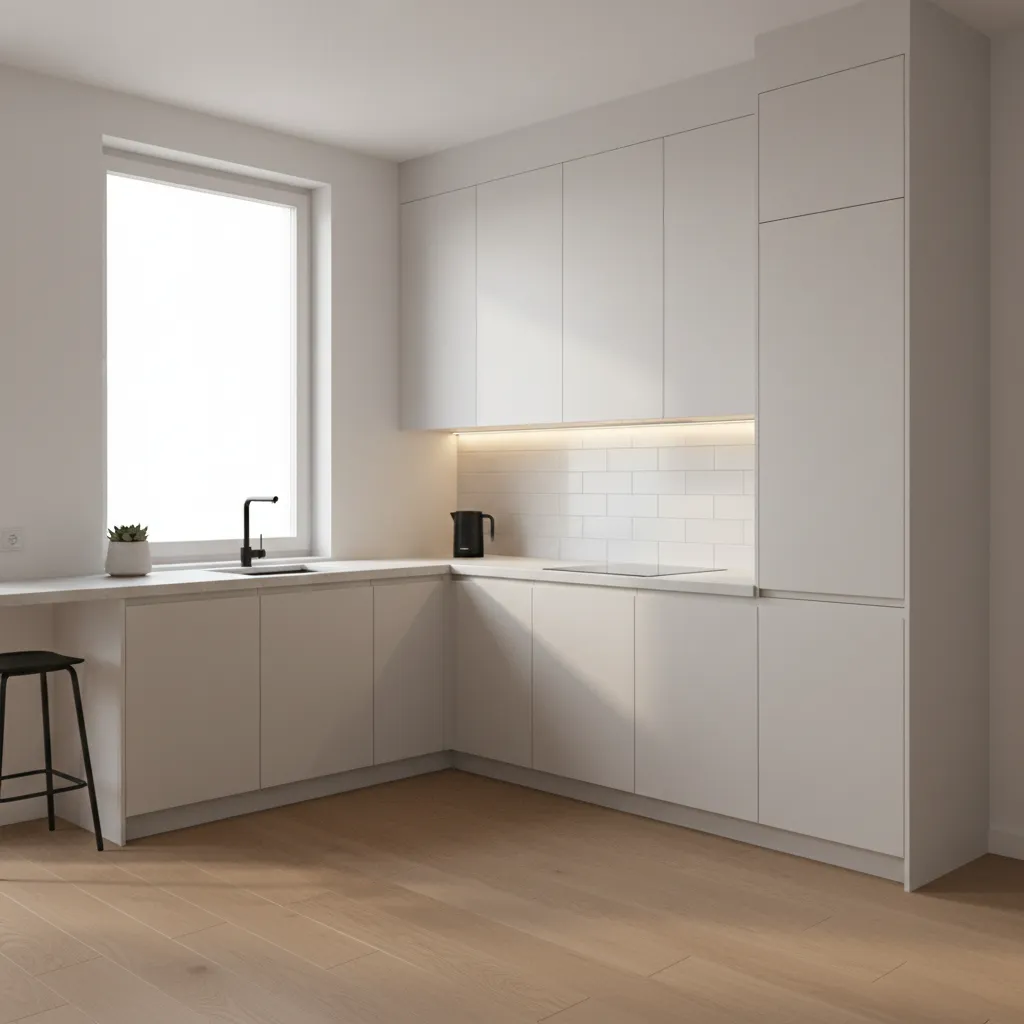 Modern L shaped kitchen layout in a small apartment space