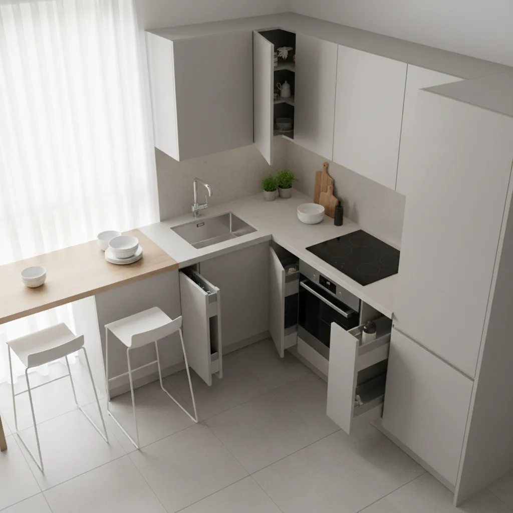 L shaped cabinet layout in a small kitchen with efficient storage