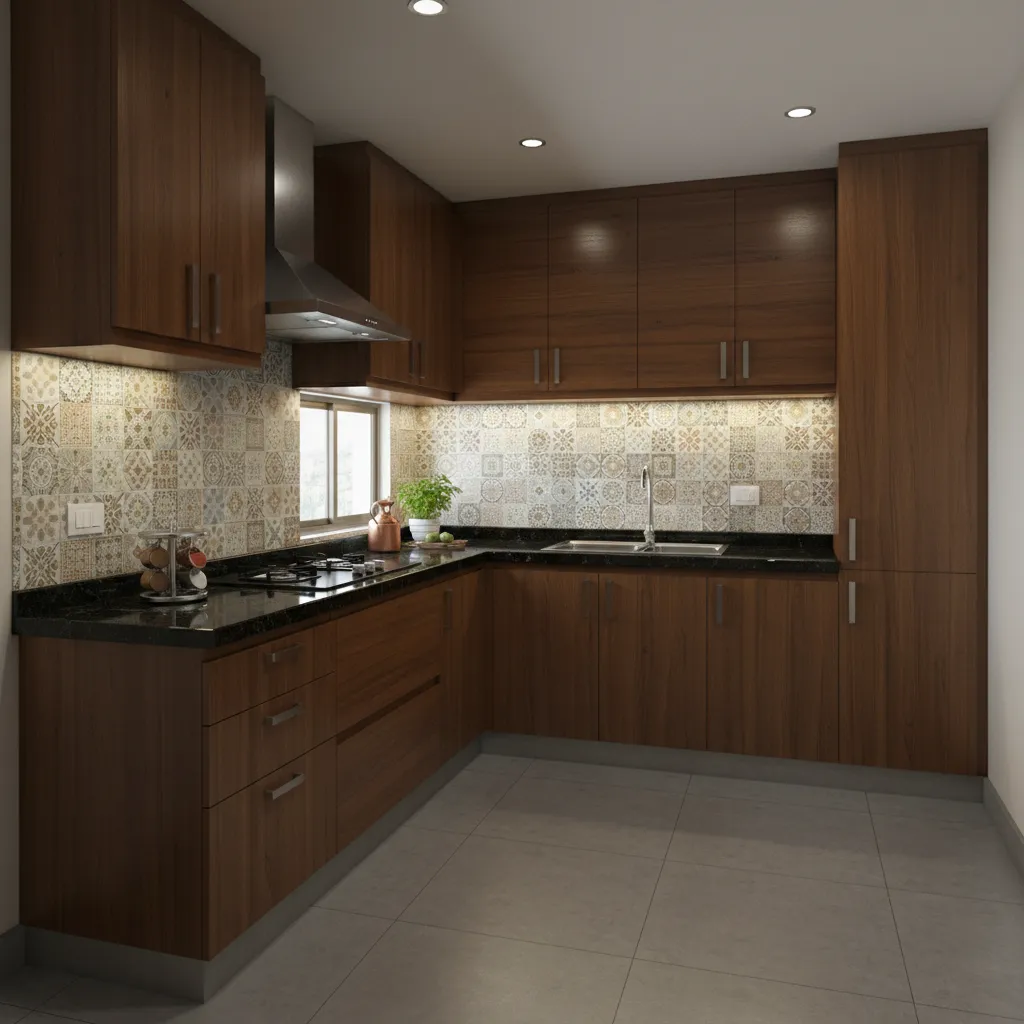 L shaped layout for small Indian kitchen with efficient workflow