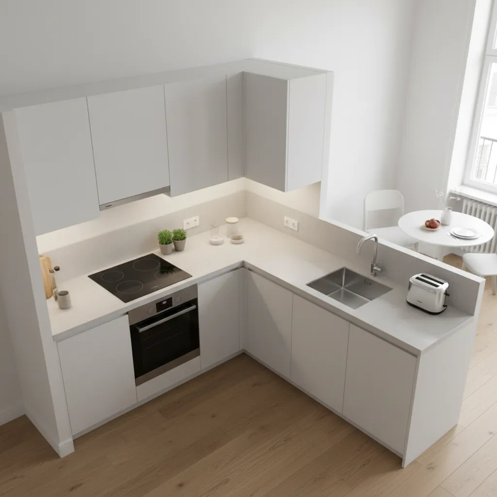 L shaped modular kitchen layout designed for a small 1 BHK apartment