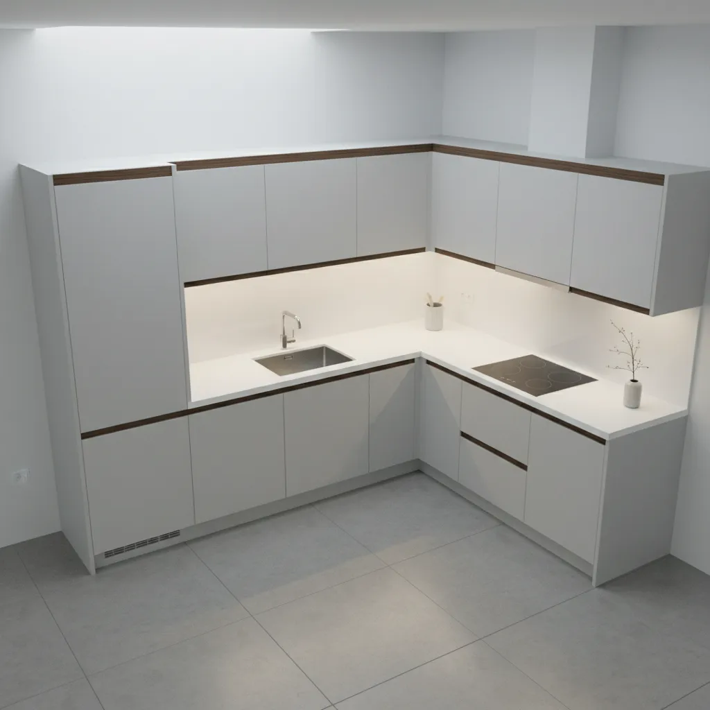 L shaped small kitchen layout showing efficient workflow design