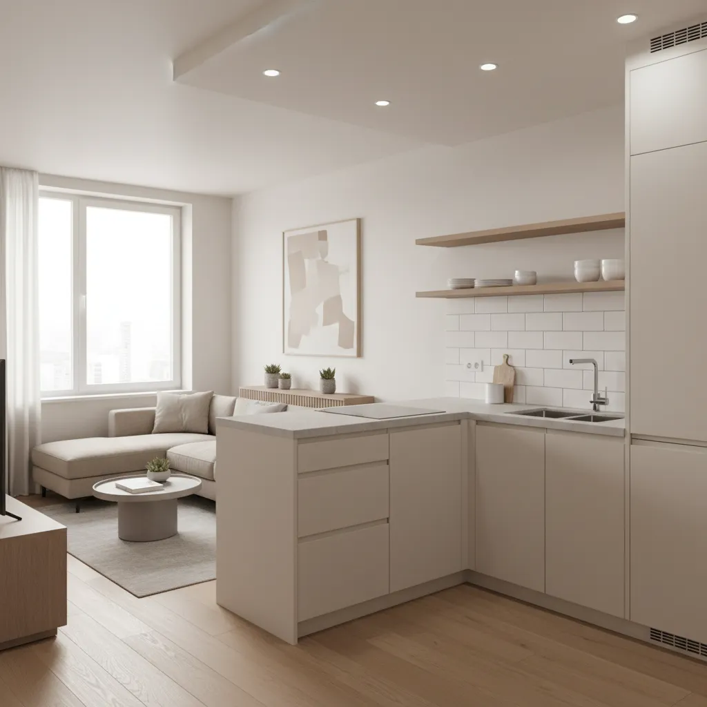 Small L-shaped kitchen layout connected to living room