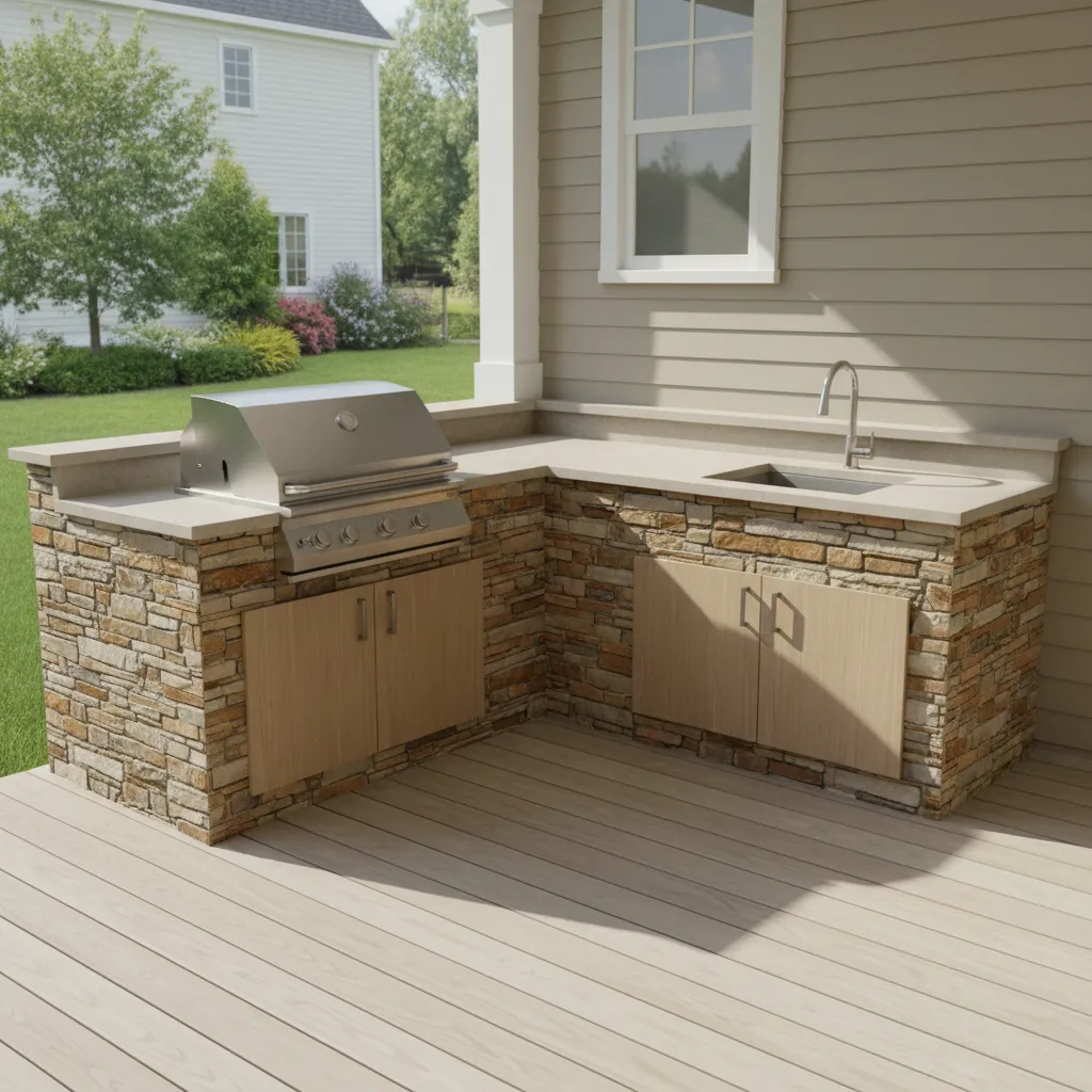 L-shaped outdoor kitchen installed on a small back porch corner