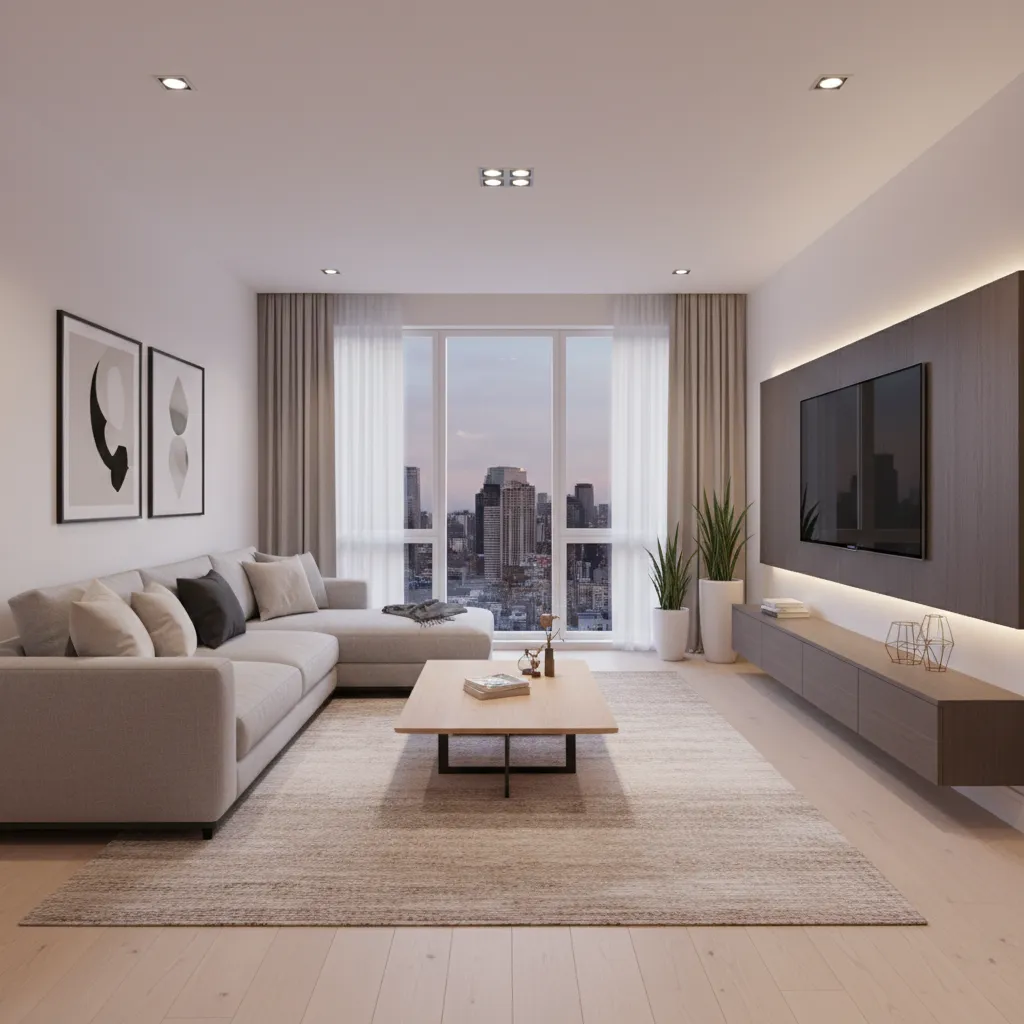Apartment living room with L shaped sofa layout and modern TV wall