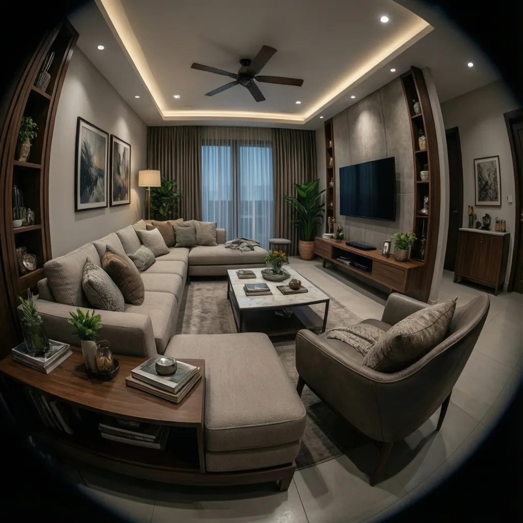 L shaped sofa in compact Indian apartment living room